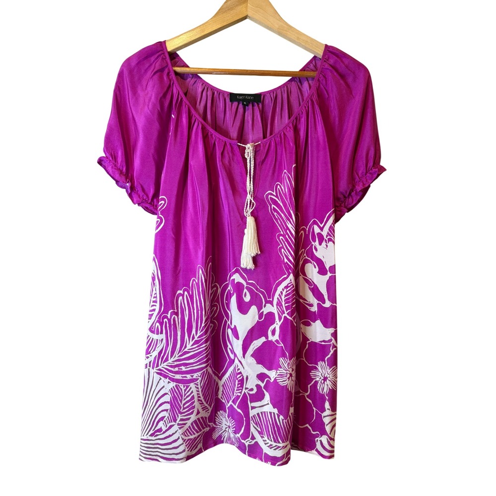 Karen Kane Womens XL Magenta Purple Silk Floral Tassel Peasant Blouse